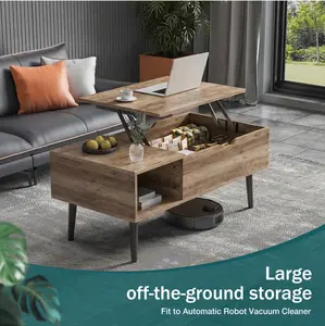 Adjustable Height Wooden Coffee Table with Hidden Compartments and Shelves - Perfect for Small Homes, Apartments, Reception Rooms, Wood Grain