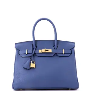 Pre-owned HERMÈS Leather Top Handle Bags Hermes Birkin Handbag Bleu Agate Clemence with Gold Hardware 30 by Rebag