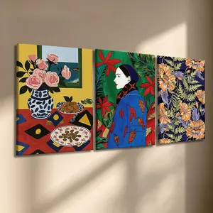3 Pcs/Set Wooden-Framed Canvas Painting, Matisse Inspired Bold Color Triptych Canvas Wall Art, Floral & Portrait Print for Living Room, Bedroom, Office Decoration, Modern Home Decor, Fashion Artistic Ornaments, Artwork