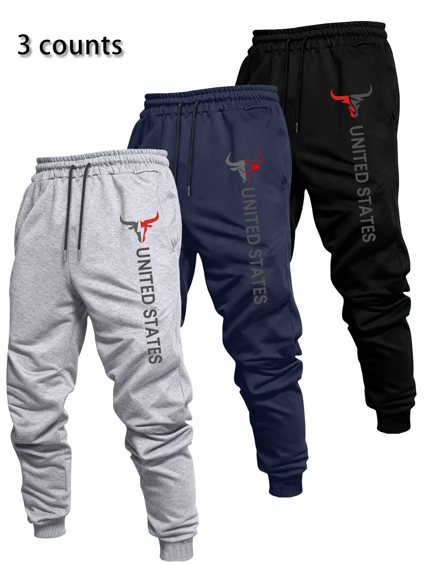 Men's Fashion Loose Sport Pants, Bull Flag Pattern, Waist Drawstring, Comfortable Daily Wear, Three-Piece Set, Multiple Colors Available