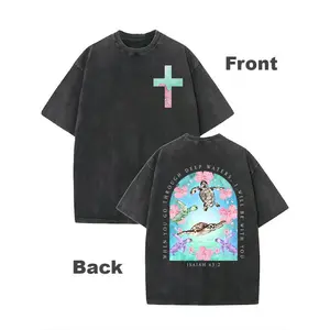 Men's Vintage Oversize Washed Crewneck T-Shirt Featuring A Cross and Sea Turtle Design, Ideal for Travel Enthusiasts Who Appreciate Retro Style and Comfort, 100% Cotton Heavyweight, Perfect for Casual Wear in Any Season