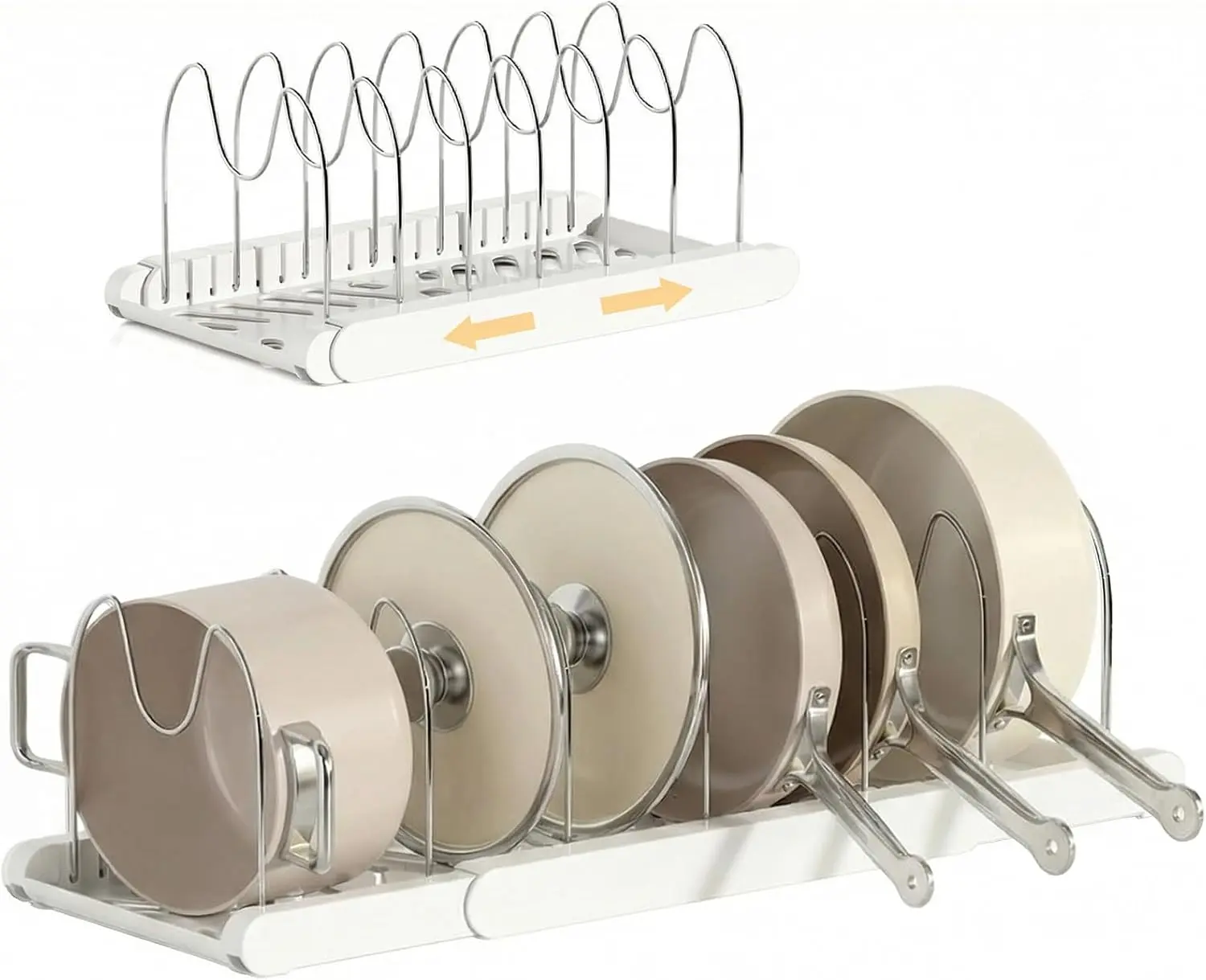 Pots and Pans Organizer for Under Cabinet, Expandable Pot Lid Holder, Pot Rack with 10 Adjustable Dividers, Baking Pan and Tray Organizer for Kitchen Cabinet, Cookware Baking Frying Rack(white/gray color)