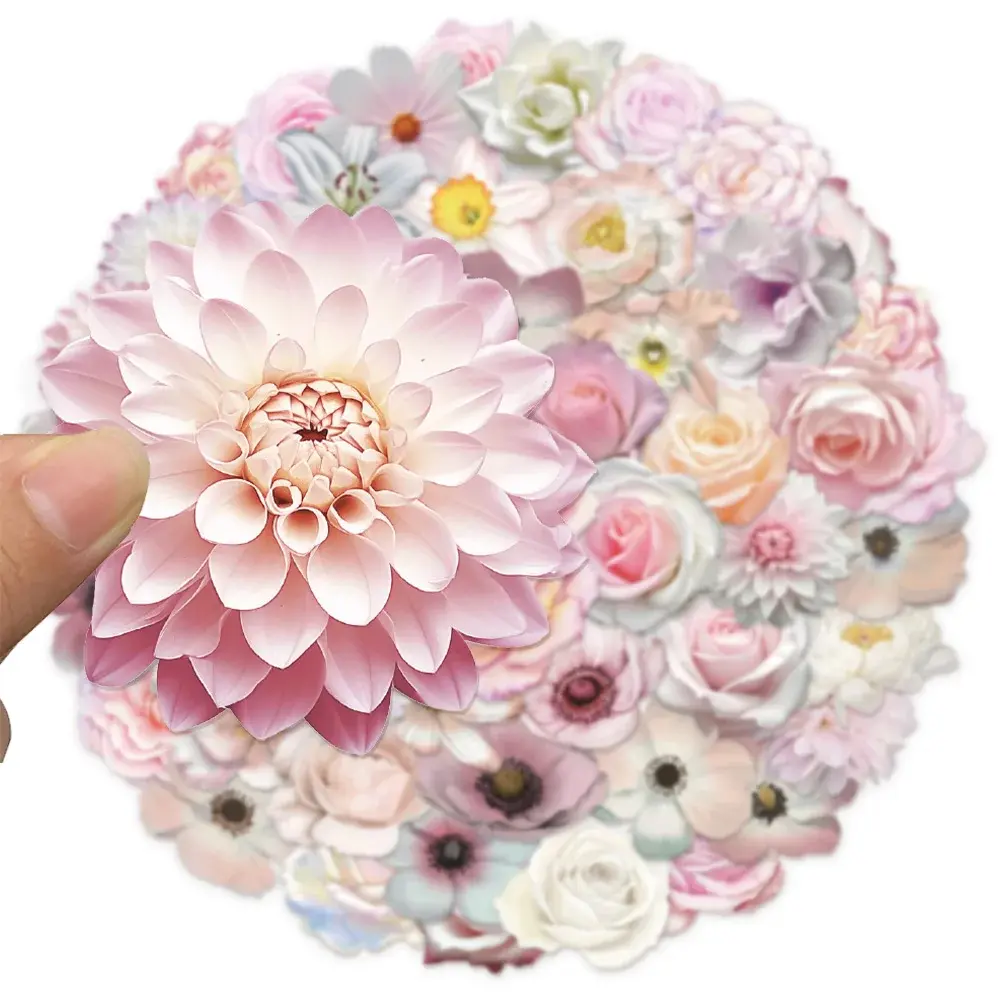 50PCS Pink Flower PET Plastic Stickers Decorative Phone Cases, Laptops, Cups, Skateboards DIY Waterproof Stickers
