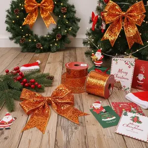 2.5inch 10Yards/roll Festival Universal Wired Satin Ribbon, Metallic Texture Sequin Style, Metallic Sequin Christmas Wired Ribbon, Suitable for Home Decoration/Gift Wrapping/Swag Arrangement/Wreath Making/Handmade DIY, Multi-Scene Adaptable
