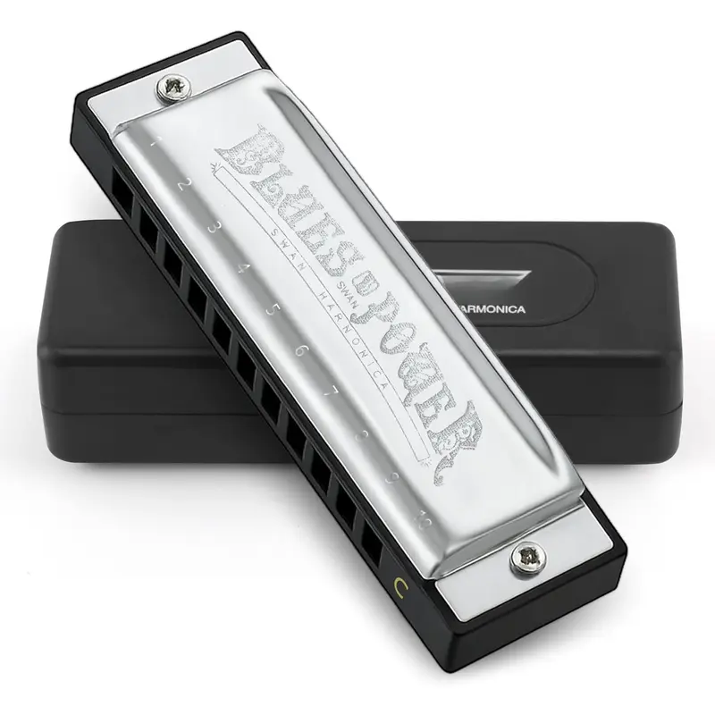 Blues Harmonica, Key of C, 10 Hole 20 Tone Diatonic Harp Mouth Organ, Stainless Steel Deluxe Harmonica for Adults, Students, Beginners, as a  (-C)