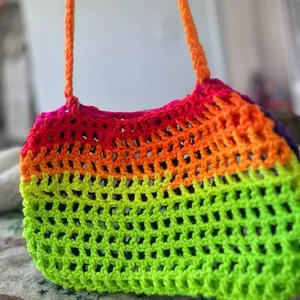 Neon Shoulder Bag with Matching Buckets g - Colorful Crochet Design Rainbow Stripes Handbag
