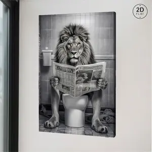 1PC 2D Flat Funny Bathroom Poster - Lion Reading Newspaper on Toilet - Modern Minimalist Bathroom Decor - Canvas Painting, Art Print, Suitable for Cave, Bedroom, Office, Living Room, Bathroom Wall Art