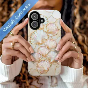 Stained Glass Seashells Phone Case, Golden Seashells, Beachy Coquette Coastal Cover. Case for IP 11 12 13 14 15 16 17 Pro, Plus, Promax, S21,22,23,24,25 Ultra, Tough Case, Magsafe Case