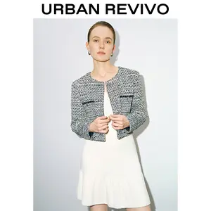 URBAN REVIVO Women's Round Neck Tweed Coat - UIS140007, 2025 Elegant Long Sleeves Classic Cut Essential, Comfortable Everyday Outerwear for Casual OOTD Outfits, Elegance, Coats