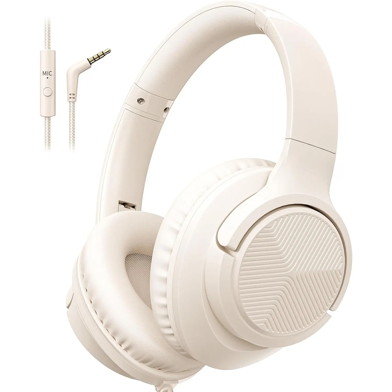 Headphones Wired with Microphone, Over Ear Foldable 3.5mm Plug in Headphones Corded with 4.9ft Tangle-Free Nylon Cord for Tablet, Laptop, MP3/4, School, Airplane Travel (Beige)