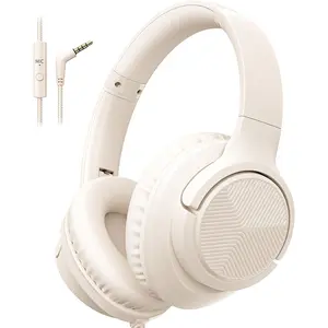 Headphones Wired with Microphone, Over Ear Foldable 3.5mm Plug in Headphones Corded with 4.9ft Tangle-Free Nylon Cord for Tablet, Laptop, MP3/4, School, Airplane Travel (Beige)