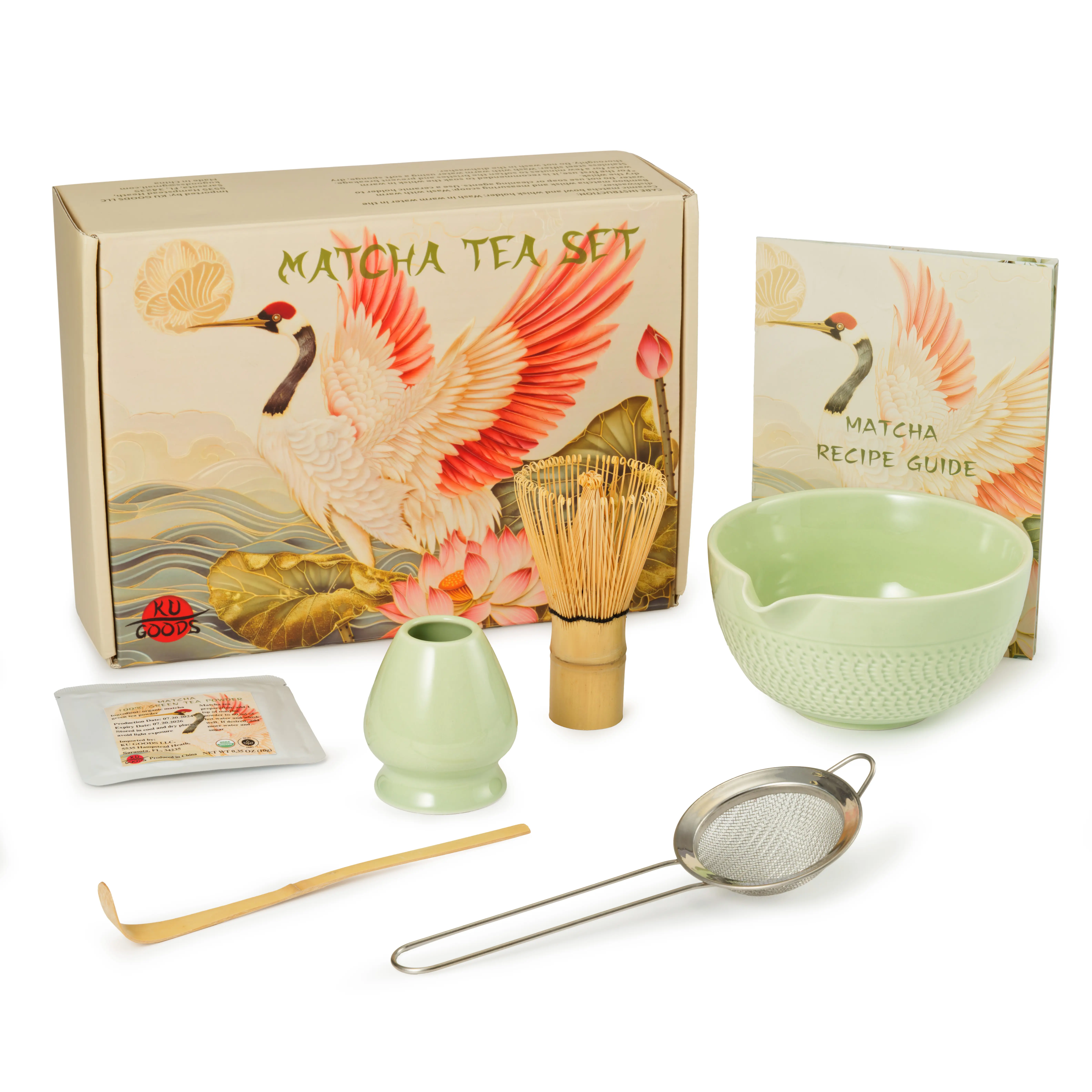 Premium Matcha Tea Set – Perfect Gift! Includes Bamboo Whisk, Matcha Powder, Bowl with Spout, Whisk Holder, Scoop, Sifter and Recipe Guide