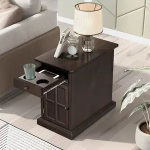Classic Vintage Livingroom End Table Side Table with USB Ports and One Multifunctional Drawer with cup holders, Antique Espresso