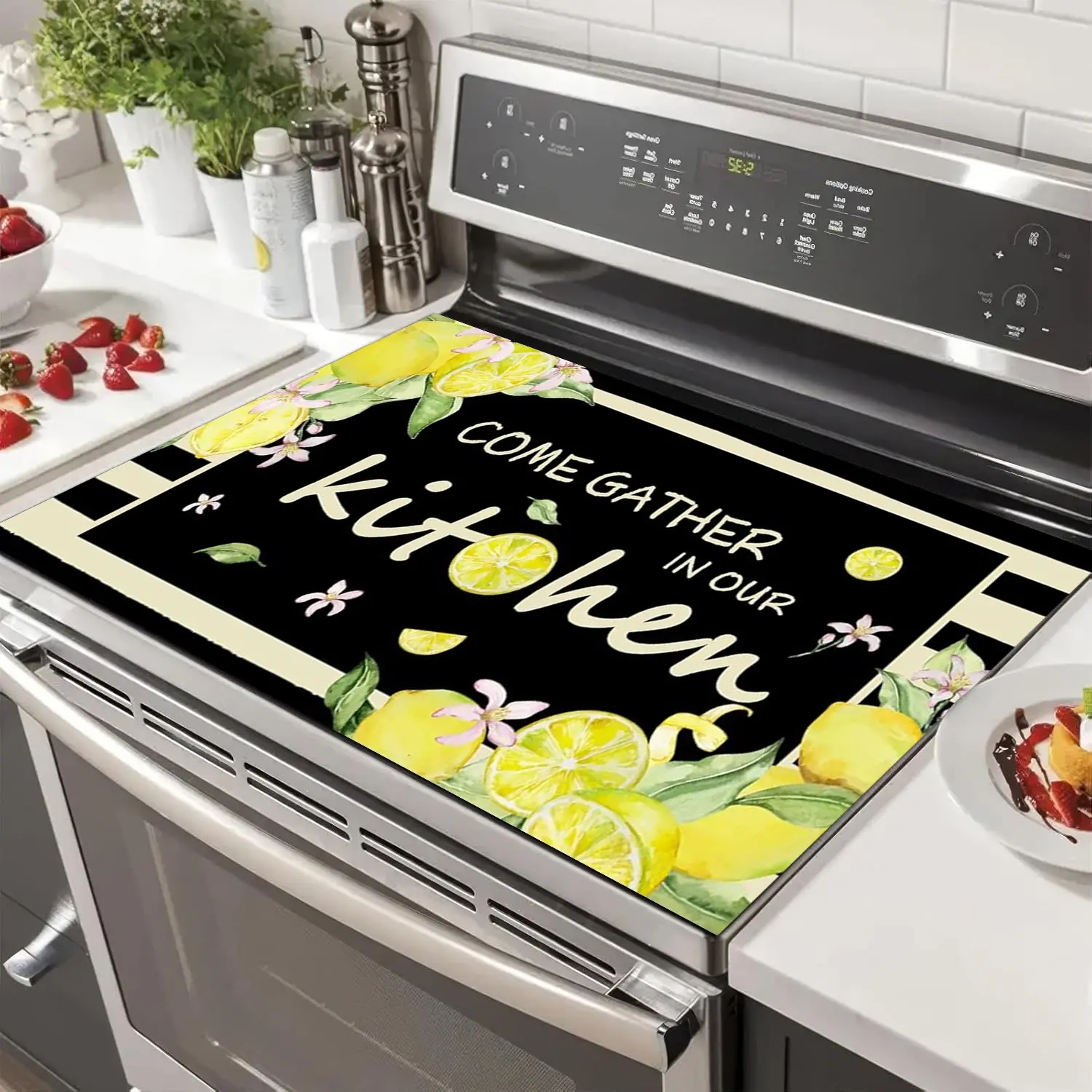 Kitchen Striped Lemon Pattern Non-Slip Rubber Grill Mat, Stove Panel Protector, Easy Clean, Multi-Purpose Stove Cover, Fits Oven, Washer, Dryer
