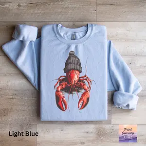 Trendy Lobster Sweatshirt, Lobster With Beanie Graphic , Unique Animal Art Long Sleeve Shirt Lobster Lovers Crewneck