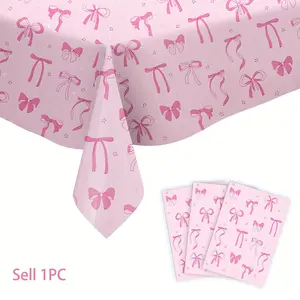 1PC 54x108 Inches Bow-Tie Party Tablecloth, Rectangular Disposable Tablecloth for Birthday, Bachelor, and Delicate Party Decorations, Machine-Made Plastic Table Cover in Pink, White, and Blue, party decoration，party supplies