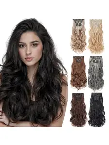 18 Inch Clip In Hair Extensions 6pcs Long Wavy Synthetic Black Hair Extension & Natural Soft Invisible Clip Thick Hairpieces for Women Daily