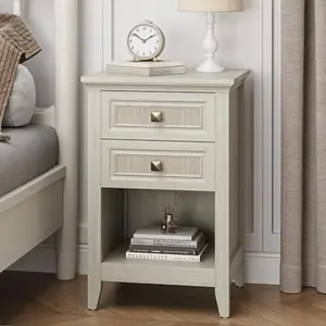 RoyalCraft L Rattan Nightstand, Boho Bedside Table with 2 Rattan Decor Drawers, Accent End Table with Open Storage Shelf, Wood Bedside Unit for Bedroom, Home Office