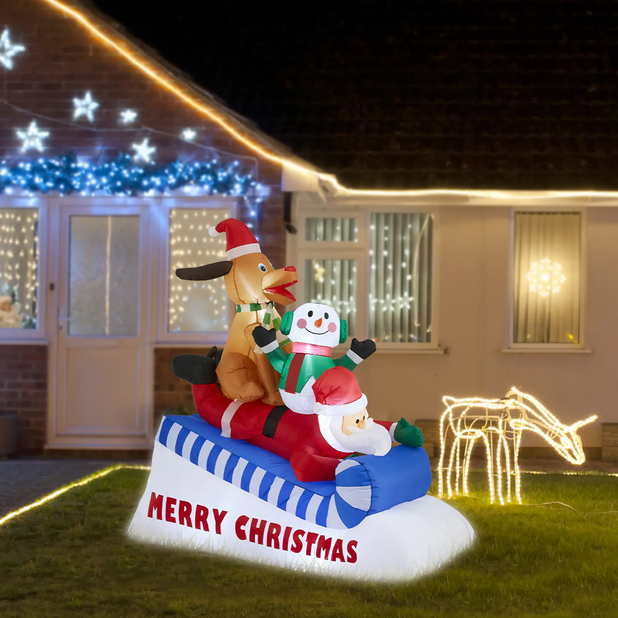 【Christmas in July】 Glitzhome 6FT Lighted Inflatable Skiing Santa, Snowman and Dog