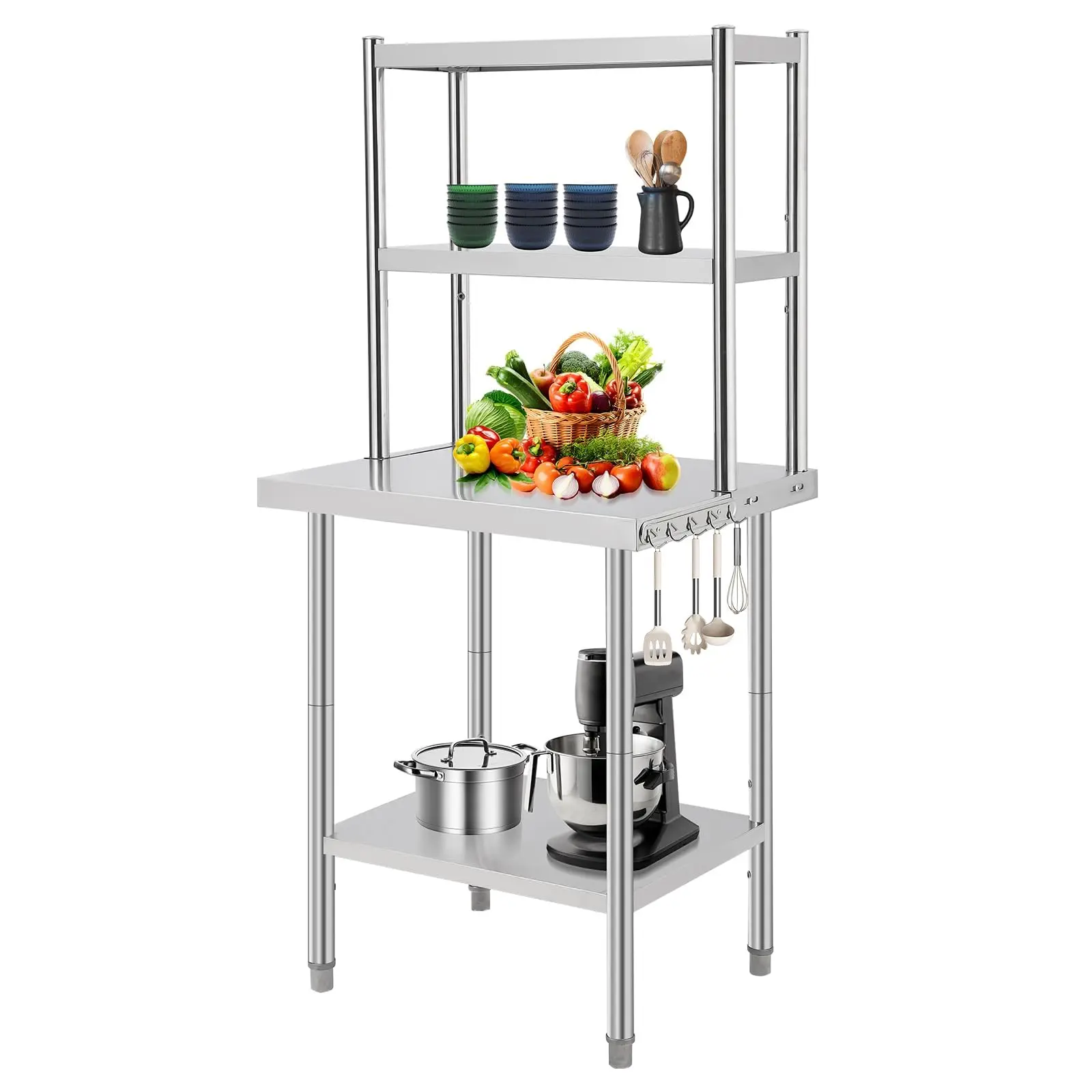 30" x 24" Commercial Work Table, High-Quality Stainless Steel Table with Adjustable Shelves and Side Hooks, NSF Food Prep Table for Restaurant, Kitchen, Workshop