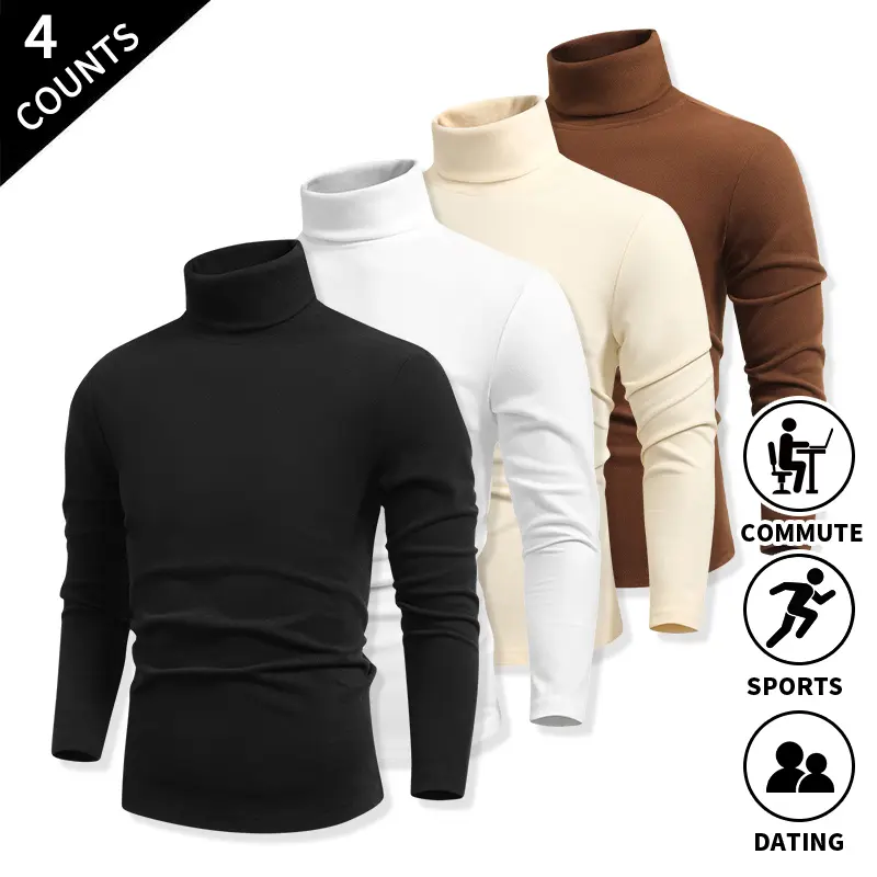 4-Pack Men’s Turtleneck Thermal Underwear Shirts, Long Sleeve Slim Fit Base Layer Tops for Casual Wear, Sports & Commuting