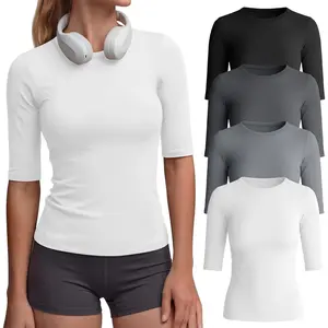 4 Pack Women's Compression Shirts Half Sleeve Workout Tops Fitted Elbow Length Athletic 1/2 Sleeve Tops