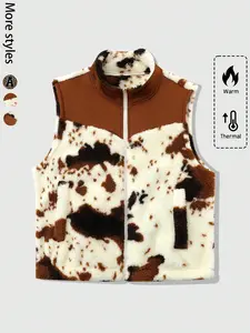 Unisex Street Style Cow Patchwork Vest with Zipper Pockets, Straight Neck Polar Vest, Fall Fashion, Warm Clothing
