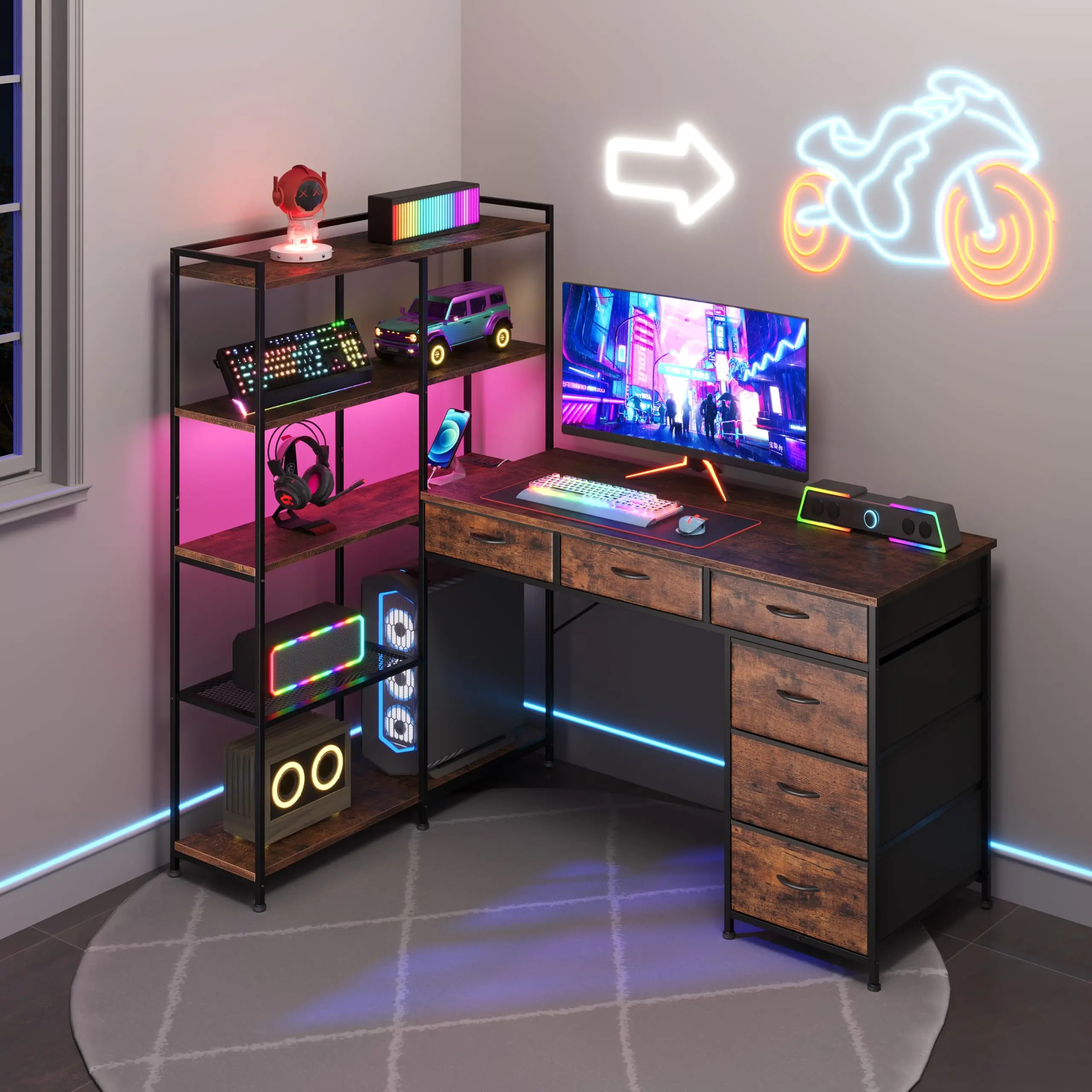 Garvee Rustic L-Shaped Large Reversible Gaming/Work Office Desk - 58.3in L x 54.3in W x 39.4in H, 66.1lbs, Built-In Drawers, Storage Shelves, Power Outlets, RGB Light, Ample Monitor Space, Home Office PC Table