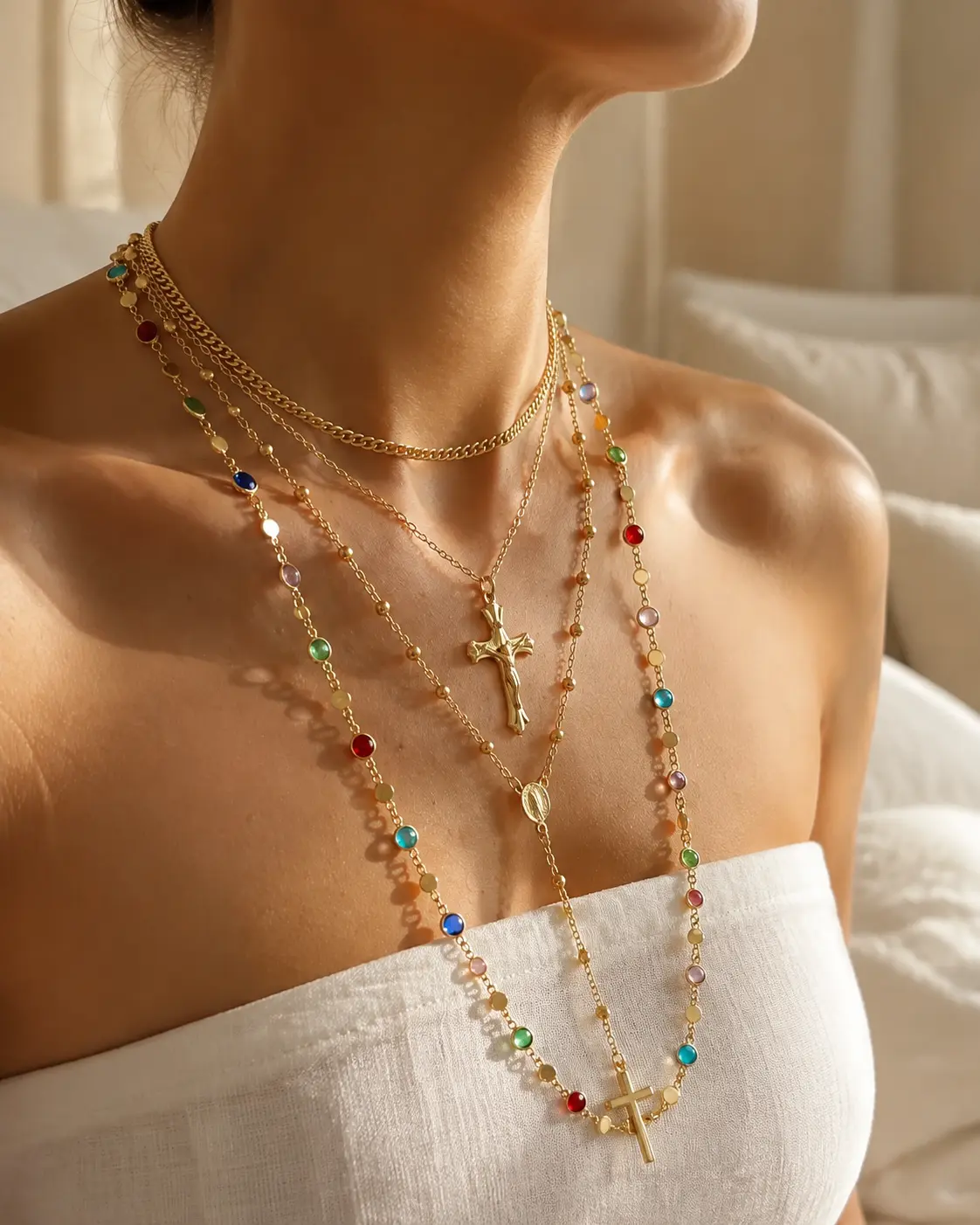 17KM 4PCS Layered Gold Cross Necklace Set for Women, Boho Colorful Bead Y Pendant Necklace, Trendy Summer Jewelry for Beach Vacation Outfit, Adjustable Long Chain Necklace