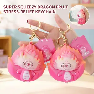 Cute Dragon Fruit Squishy Keychain with Giant Bubble Surprise, Kawaii Fruit Stress Reliever Toy for Kids Birthday Party Favors, Aesthetic Bag Charm gift
