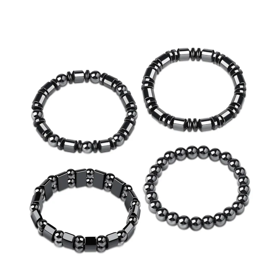 Unisex 4-Piece Stackable Magnetic Bracelet - Black Agate & Tiger Eye Mixed Stones, Elastic Bands, Adjustable, Bohemian Energy Accessory, Birthday Gift Fashion Jewelry Bangle