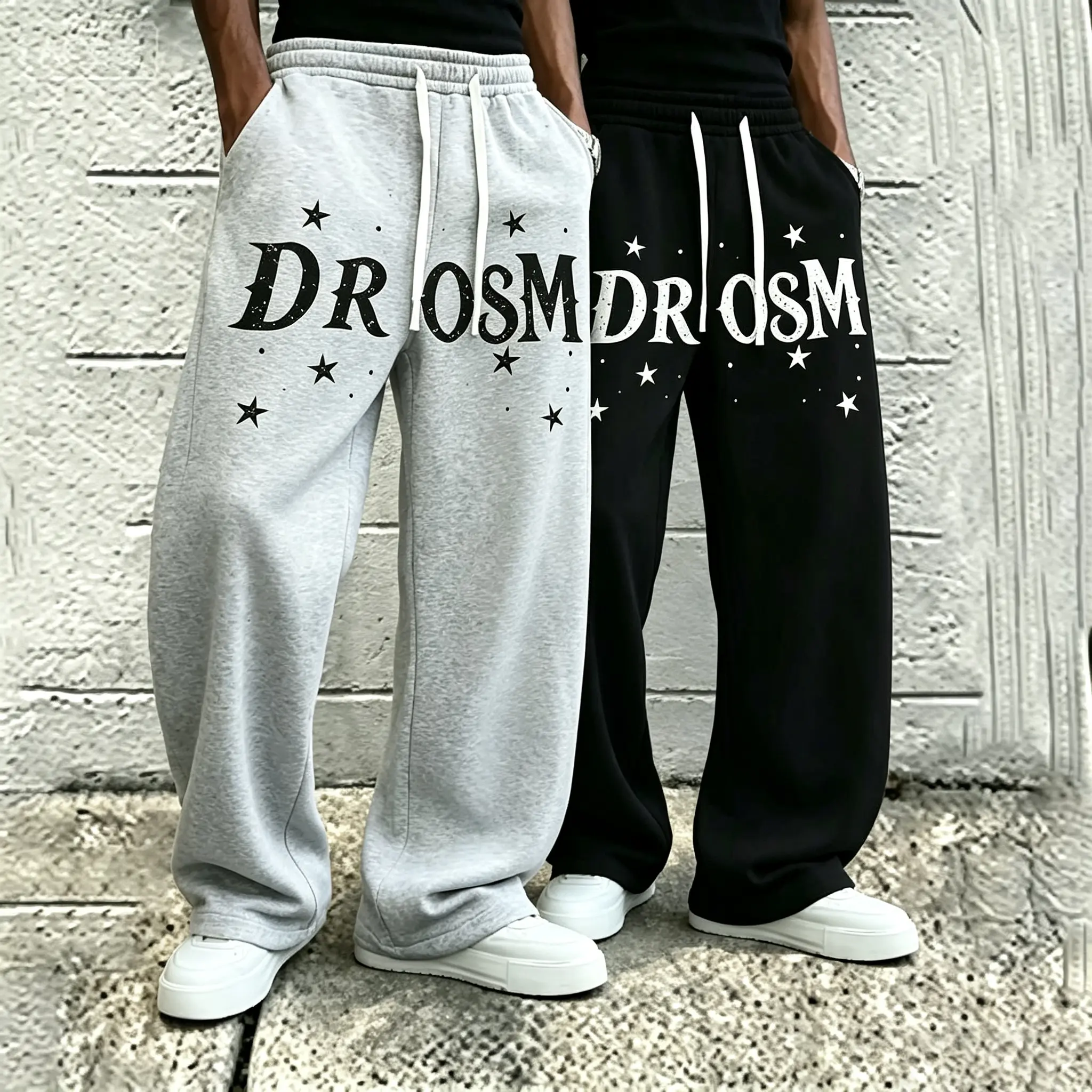 Men's Star Letter Print Wide Leg  Elastic Drawstring Waist Loose Baggy Casual Streetwear Jogger  Soft Daily Hip Hop Trousers breathable athletic solid fashion