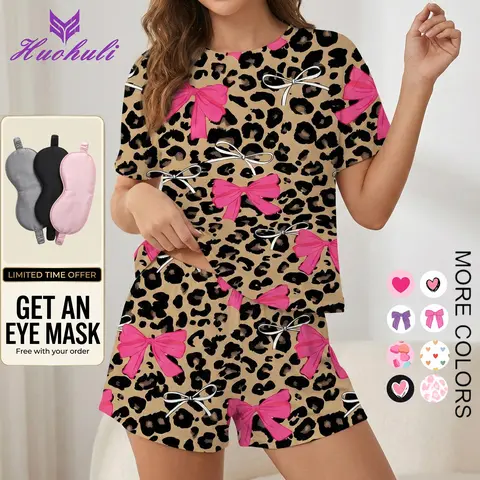 HUOHULI Women's 2-Piece Print Knit Short-Sleeve Top & Shorts Loungewear PJ Set - Soft, Stretchy, Loose-Fit, Skin-Friendly, Elastic-Waist Jammies for Summer Home Use, Two-Piece
