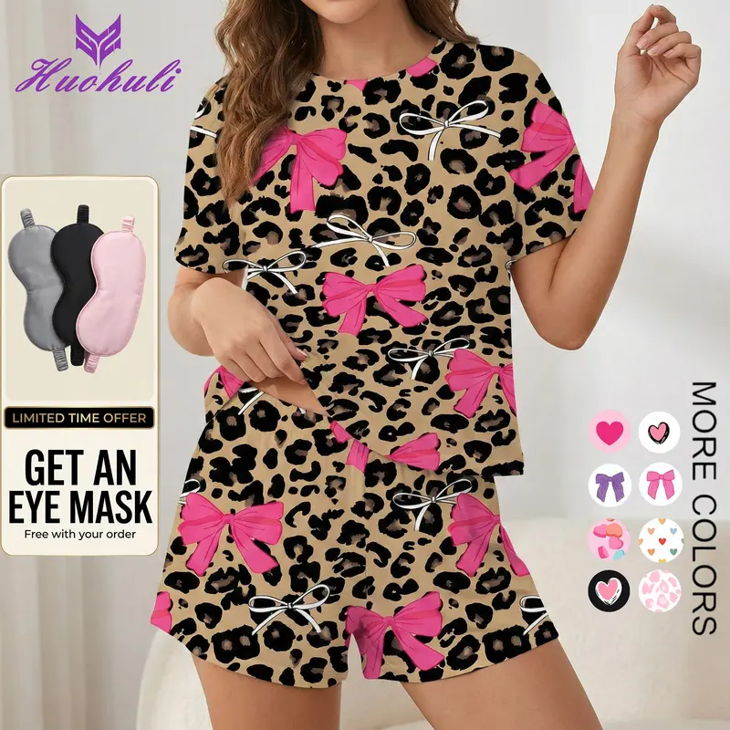 HUOHULI Women's 2-Piece Print Knit Short-Sleeve Top & Shorts Loungewear PJ Set - Soft, Stretchy, Loose-Fit, Skin-Friendly, Elastic-Waist Jammies for Summer Home Use, Two-Piece