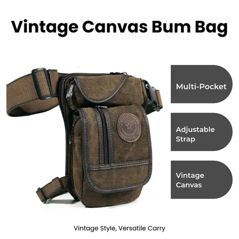 Holanew Vintage Style Canvas Drop Leg Bag - Men's Fanny & Belt Bag, Unisex Adults' Everyday Graphic Men's Accessory, Adjustable Strap, Multiple Pockets, Zip Closure, Durable Cotton Canvas, Outdoor Use