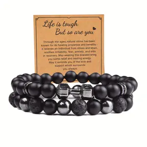 Black Obsidian Bracelet with Wish Card - Dumbbell Bracelet - Tourmaline Beaded Bracelets, 8MM Black Onyx Hematite Lava Stone Beads Triple Protection Bracelet for Gifts Christmas Valentines Gifts Halloween birthday Gifts