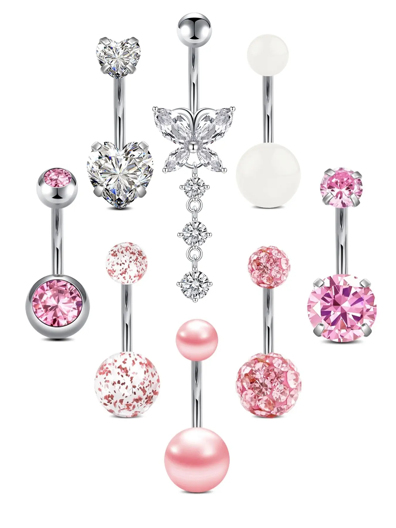 Stainless Steel Zircon Belly Ring Set, Butterfly Heart Decorative Navel Rings, 8 Piece Fashion Body Jewellery Piercing Jewelry, Elegant Rhinestone Design for Women and Girls, Belly Button Jewelry