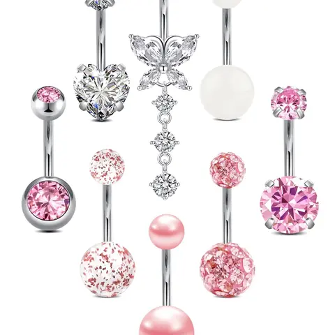 Stainless Steel Zircon Belly Ring Set, Butterfly Heart Decorative Navel Rings, 8 Piece Fashion Body Jewellery Piercing Jewelry, Elegant Rhinestone Design for Women and Girls, Belly Button Jewelry