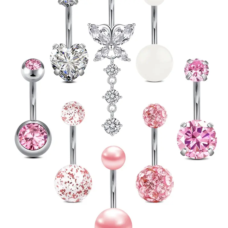 Stainless Steel Zircon Belly Ring Set, Butterfly Heart Decorative Navel Rings, 8 Piece Fashion Body Jewellery Piercing Jewelry, Elegant Rhinestone Design for Women and Girls, Belly Button Jewelry