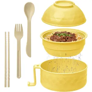Ramen Cooker,32oz Ramen Bowl Set,Microwave Ramen Bowl, Microwave Bowl with Lid, Portable Noodle Bowls,for  Office Dorm Room College  (Yellow)