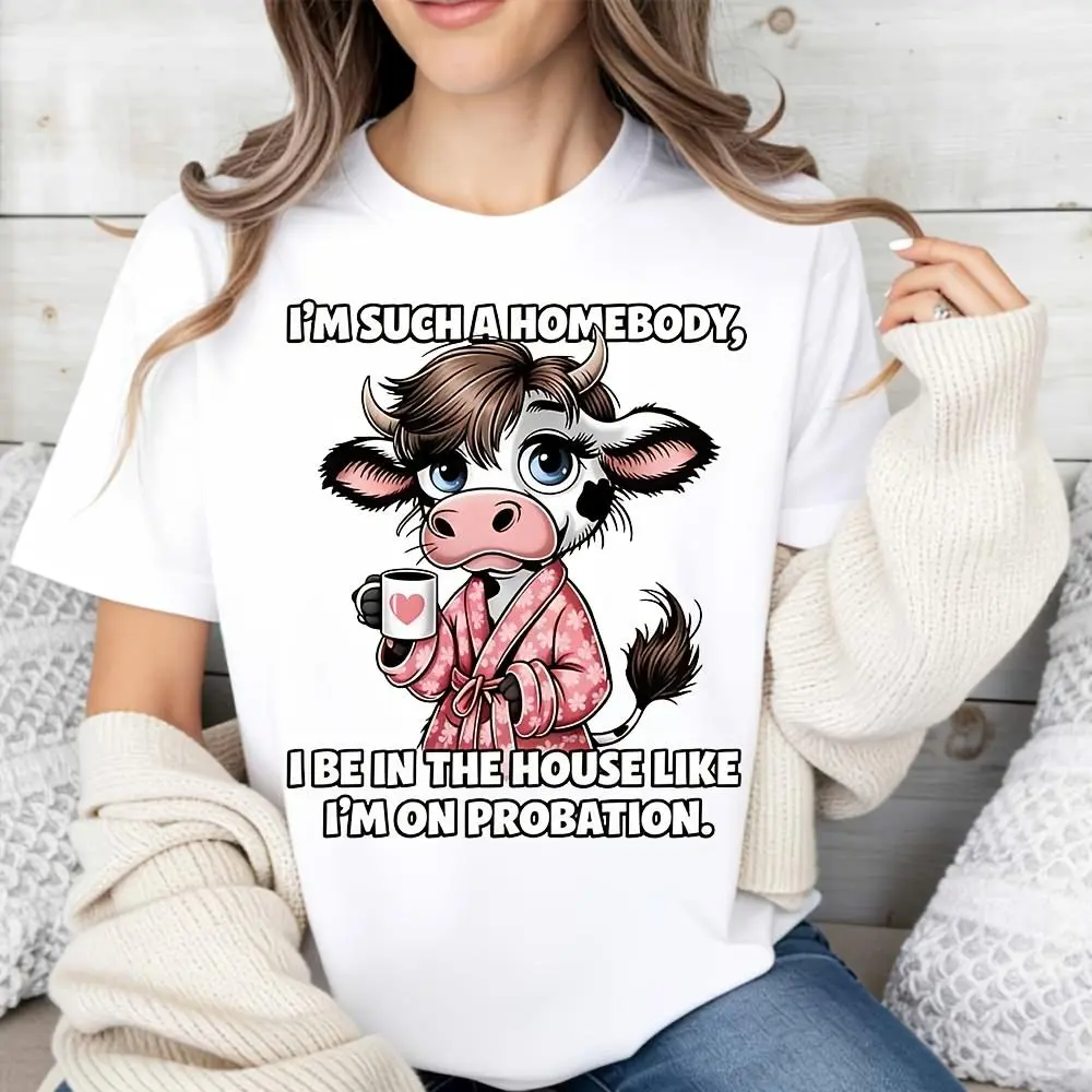 Women's Cotton Flat Short-Sleeve Funny Cow Graphic T-Shirt - Homebody Novelty Humor Essential Top, Gym Casual Wear, Housewarming Birthday Gift
