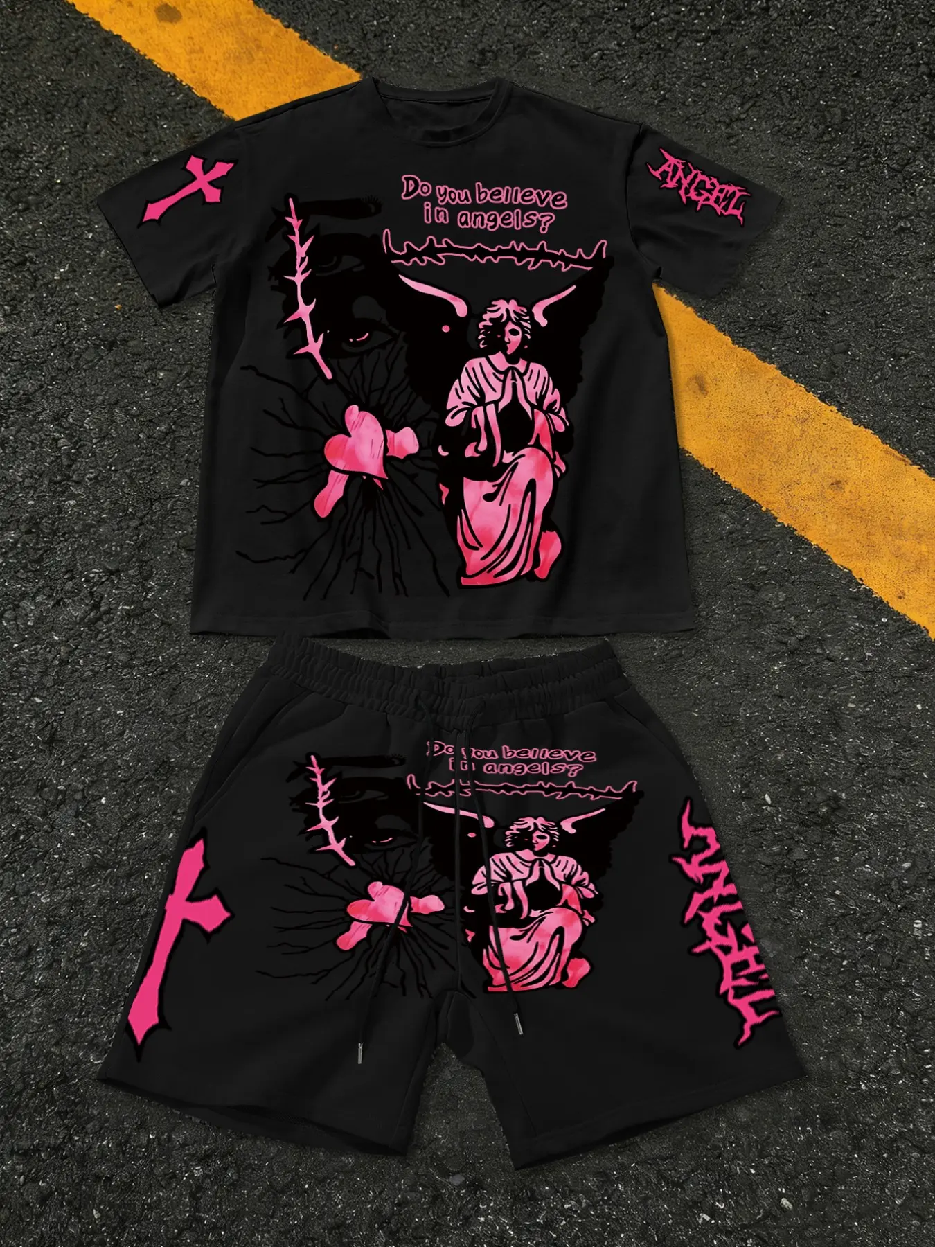 Men's Casual Patterned T-Shirt and Drawstring Waist Shorts Matching Outfits Two Piece Set, Outfit Sets, Cross Creative Print, Soft Loose Breathable, Perfect for Leisure Sports