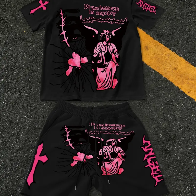 Men's Casual Patterned T-Shirt and Drawstring Waist Shorts Matching Outfits Two Piece Set, Outfit Sets, Cross Creative Print, Soft Loose Breathable, Perfect for Leisure Sports