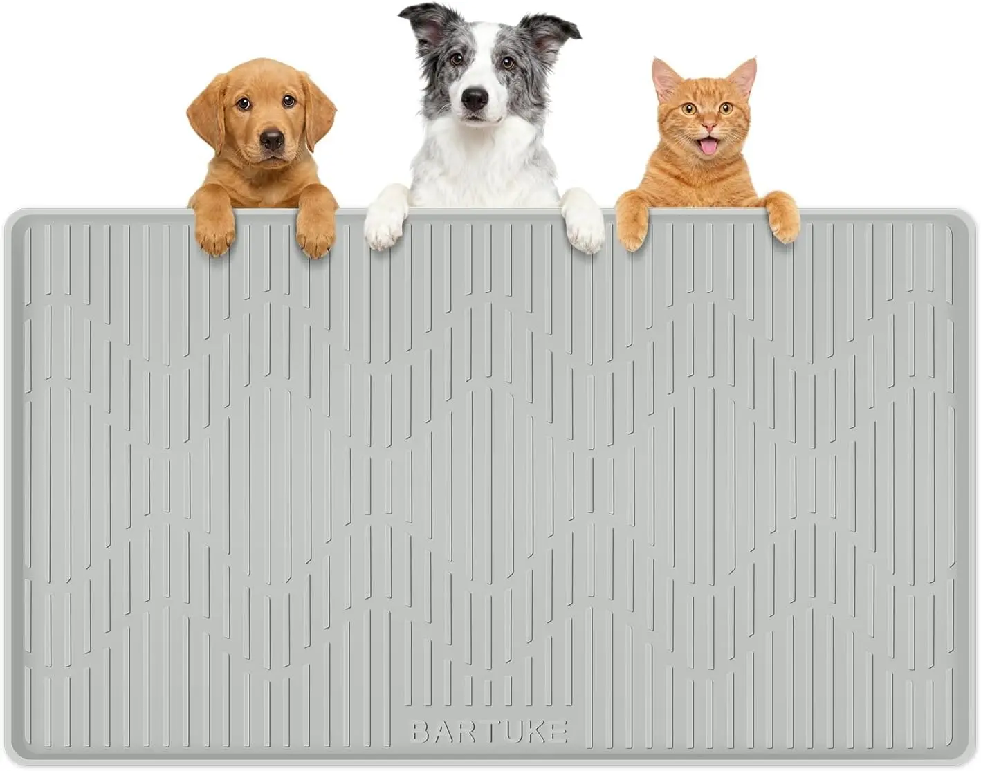 Silicone Pet Feeding Placemat, 34"x20" Large Waterproof Leakproof Mat with Raised Edge for Cats & Dogs, Grey