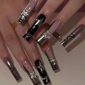 24pcs Y2K Silver Color Long Nail Art Set, Includes Jelly Glue & File, Perfect for Festive Daily School Office Party Wear, Nail Rhinestones