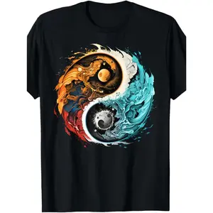 Men's 100% Cotton T-Shirt with Vibrant Yin and Yang Splash Design - Made in the USA, Zen Tai Chi Pattern, Short Sleeves, Crew Neck,Comfortable Clothing | Art Printed Top | 100% Cotton Shirt Black Menswear graphic tee graphic t-shirts shirts men Tshirts
