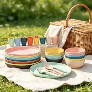 36Pcs Wheat Straw Dinnerware Set, Unbreakable Colorful Plates Bowls Cups Combo, Microwave & Dishwasher Safe Eco-Friendly Tableware for Family Camping Daily Use