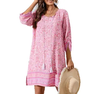Women Casual Beach Summer Dress Boho Tassel Tie Neck 3/4 Long Sleeve Short Floral Print Flowy Cover Up Sundresses