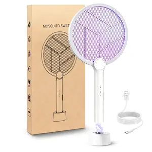 Electric Fly Swatter Racket with Base, 2 in 1 Mosquito Bug Zapper 4000V Handheld Mosquito Killer with 1800mAh Rechargeable Battery, Blue Light and 3-Layer Safety Mesh for Indoor Outdoor Home Patio Camp