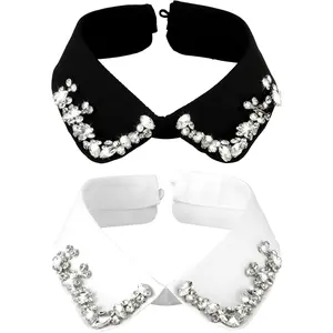 2 PCS Rhinestone Fake Collar Faux Collar Women Detachable Fake Collar Dickey Collar Shirt Collar Inserts for Women Faux Collar Shirt Fake Collar Womens White Black Classic Style Collar